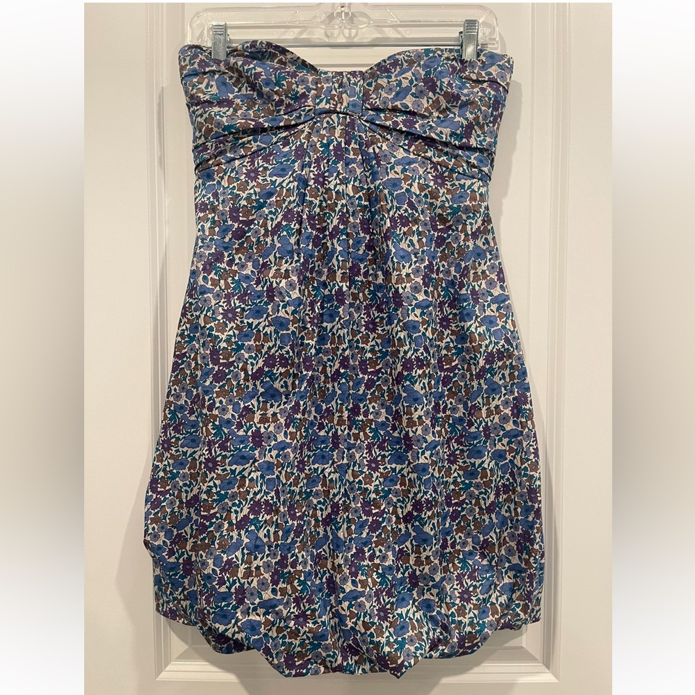JCrew Blue purple floral bubble hem strapless mini dress Liberty lily astin - Picture 2 of 6